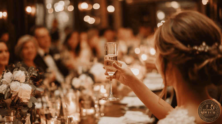 A person in formal attire raises a glass of champagne for a toast at a candlelit dinner, Expressing Key Sentiments Succinctly in Wedding Toasts, as guests gather around a beautifully decorated table.