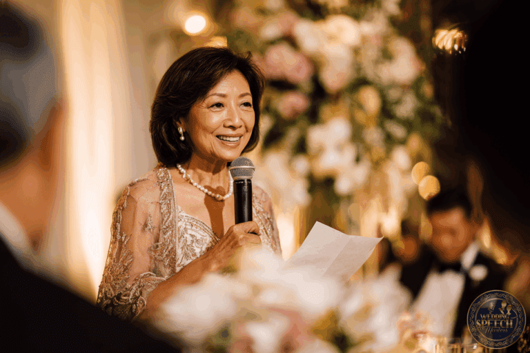 A woman in formal attire holds a microphone and a piece of paper, speaking at an event with floral decorations and guests in the background.