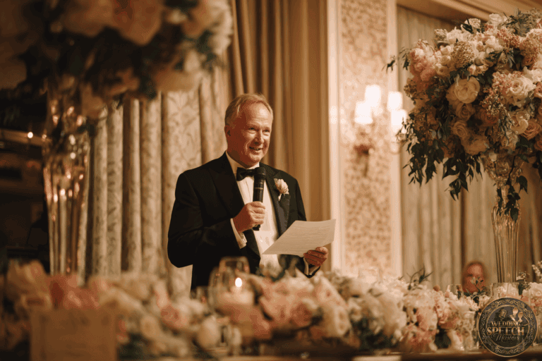 An older man in a tuxedo speaks into a microphone while holding a paper, standing behind a table with floral arrangements at a formal event.