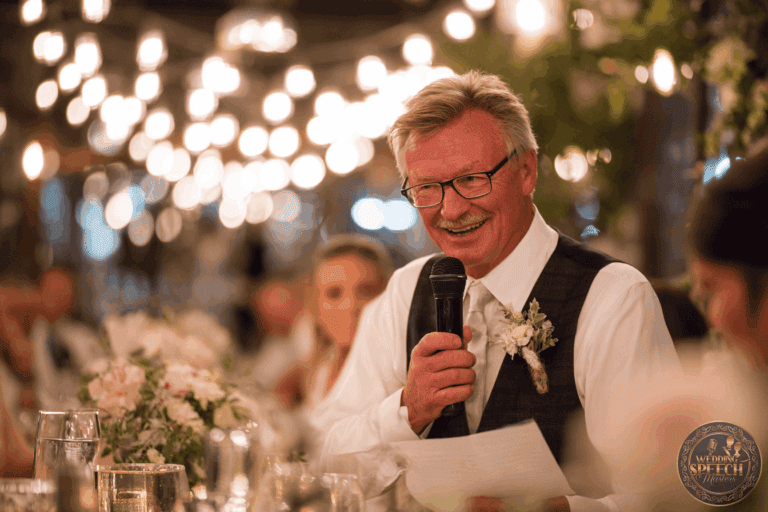 An older man in a suit and tie holds a microphone and delivers a heartfelt Father of the Bride Wedding Speech at a formal event, surrounded by flowers and soft, warm lighting.