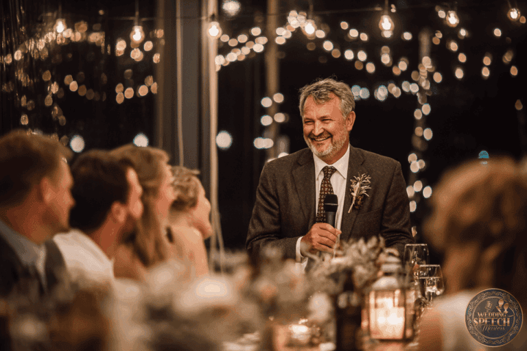 A man in a suit, holding a microphone and smiling, gives a speech at a warmly lit dinner event with guests seated around a decorated table.