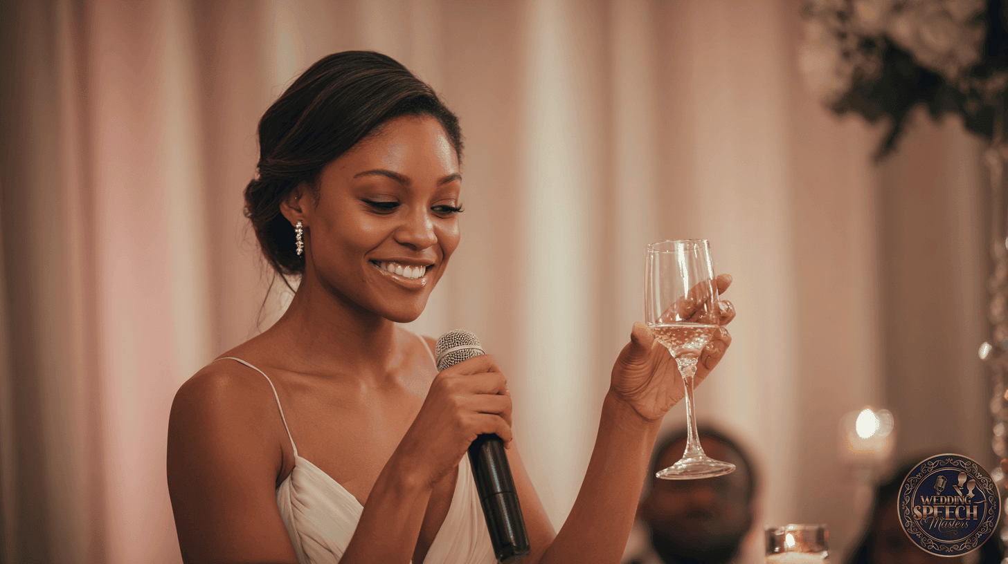 A woman in a formal dress holds a microphone and a glass of champagne, smiling as she gives funny toasts during her speech at an indoor event.