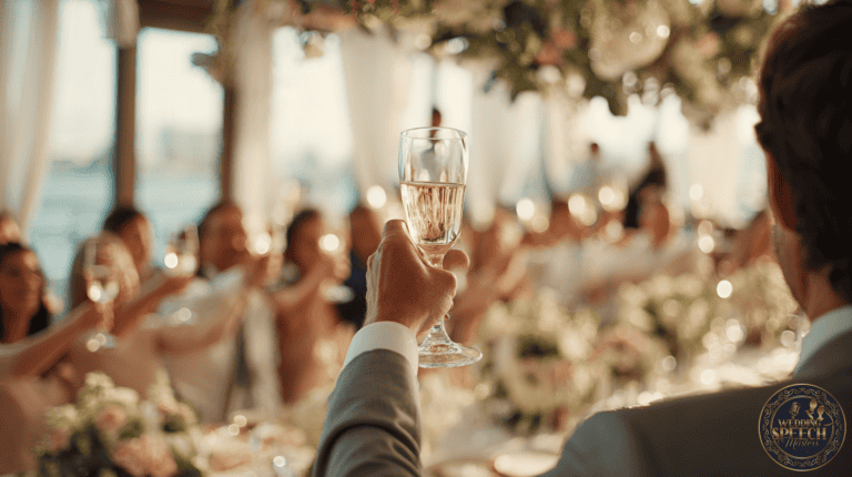 A person in a suit raises a glass of champagne for a toast at a formal event, elegantly decorated tables and guests in the background—perfect for gauging the audience's sense of humor for wedding toasts.