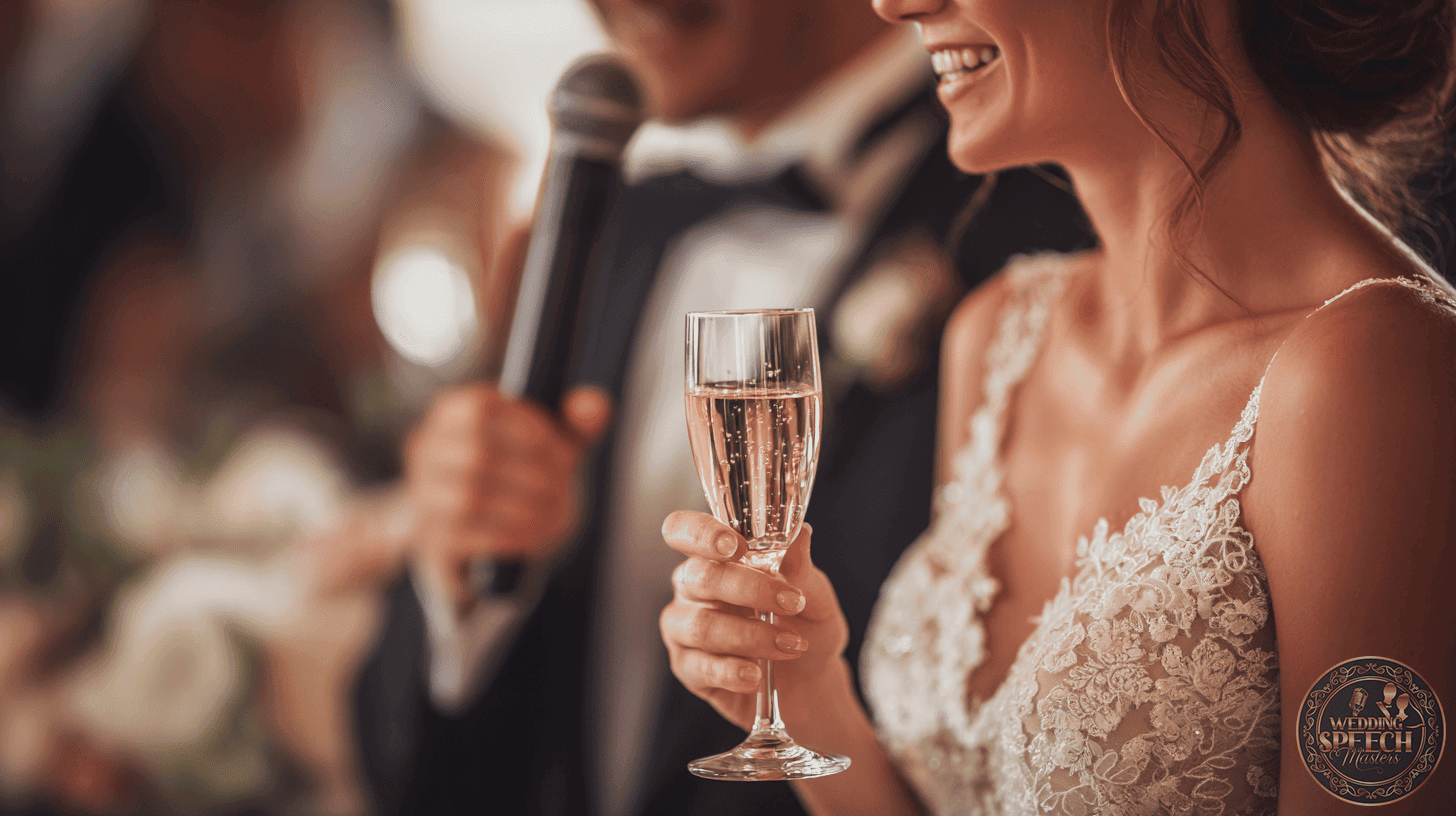 A bride in a lace dress holds a glass of champagne as a man in a suit delivers General Wedding Toasts into the microphone at the wedding reception.