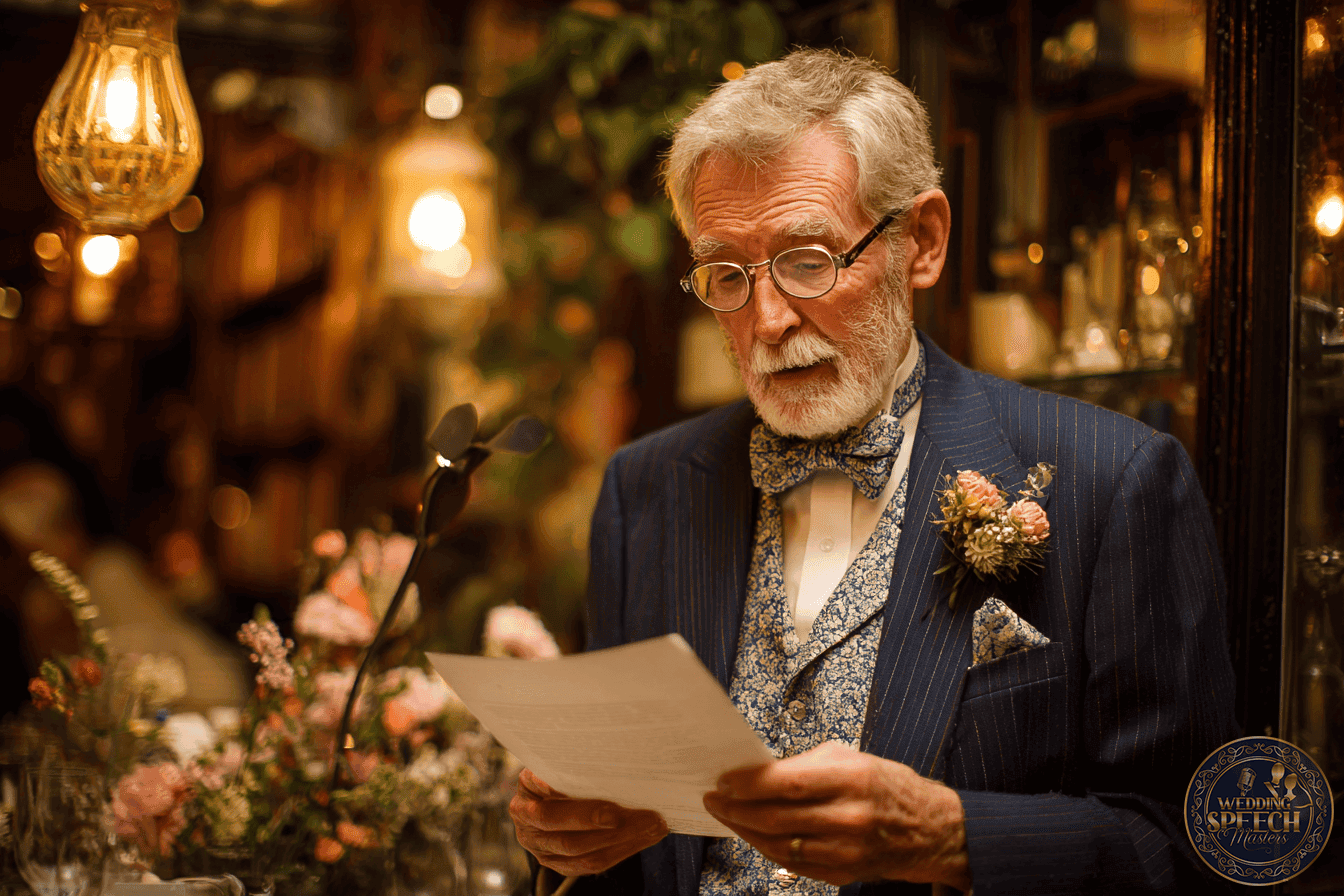 An elderly man in a suit reads from a sheet of paper at a decorated indoor event with flowers and warm lighting.