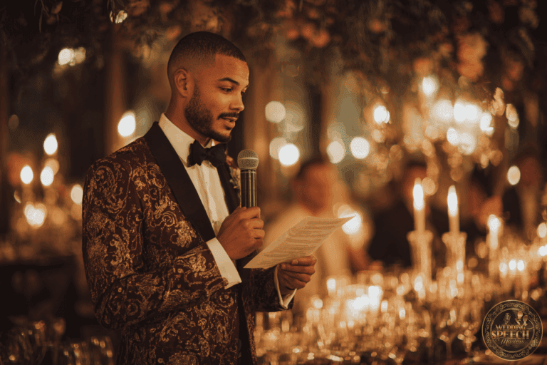 A man in a patterned suit and bow tie holds a microphone and reads from a paper at a formal, candlelit event.