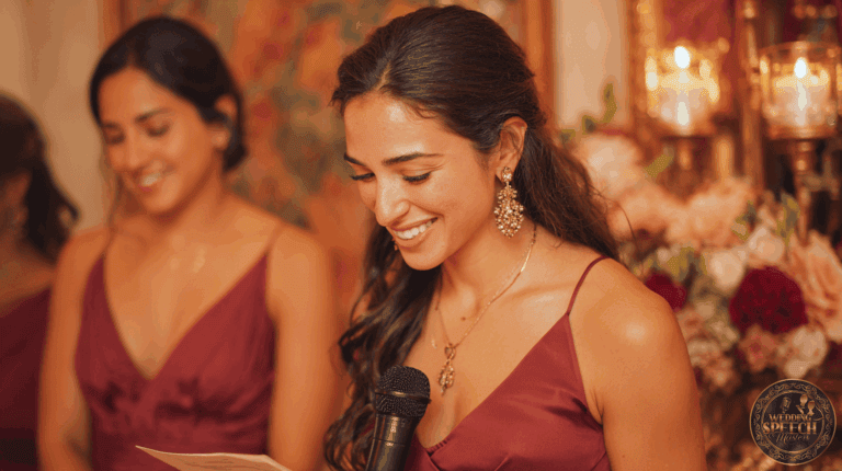A woman in a burgundy dress holds a microphone and smiles while reading from a piece of paper, delivering a heartfelt moment inspired by the Bridal Party Toasts Guide; another woman in a similar dress stands in the background.