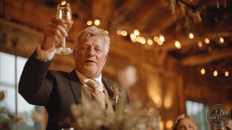 A man in a suit raises a glass for a toast at an indoor event with warm lighting and rustic decor, capturing the spirit of a perfect Bride and Groom Toasts Guide.