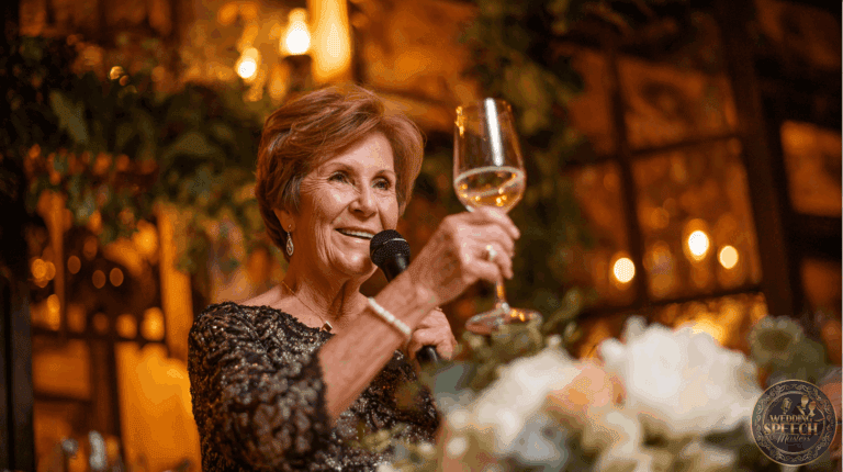 An older woman in a sequined dress holds a microphone and raises a glass in a toast at an indoor event with warm lighting and floral decor, embodying the spirit of any Family Toasts Guide.