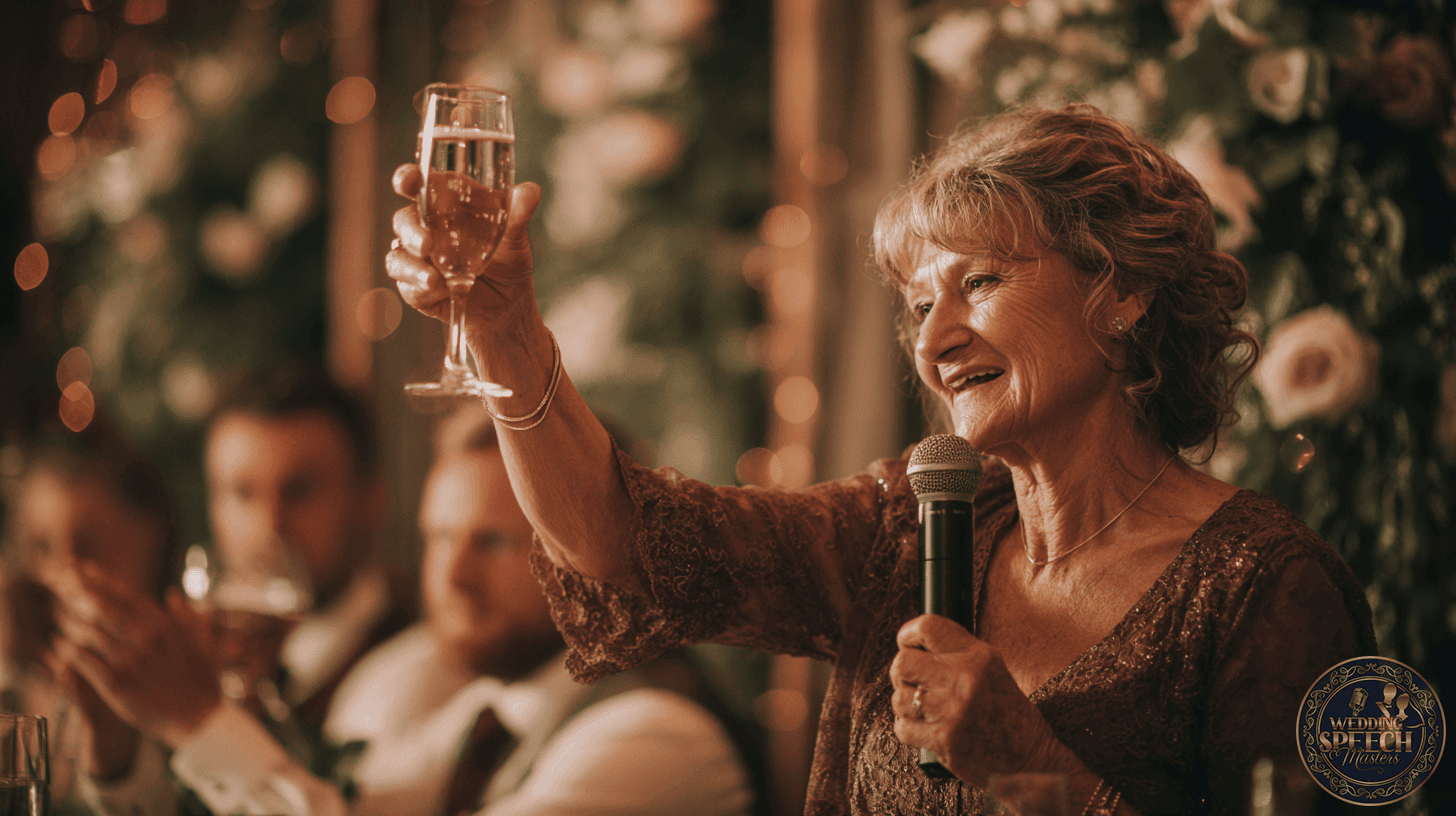 An older woman in formal attire holds a microphone and raises a glass in a heartfelt toast, as people seated among floral decorations listen warmly in the background.