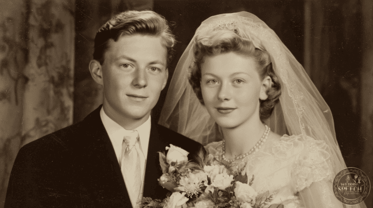 A vintage black-and-white portrait of a bride in a wedding dress and veil holding a bouquet, standing beside a groom in a suit.