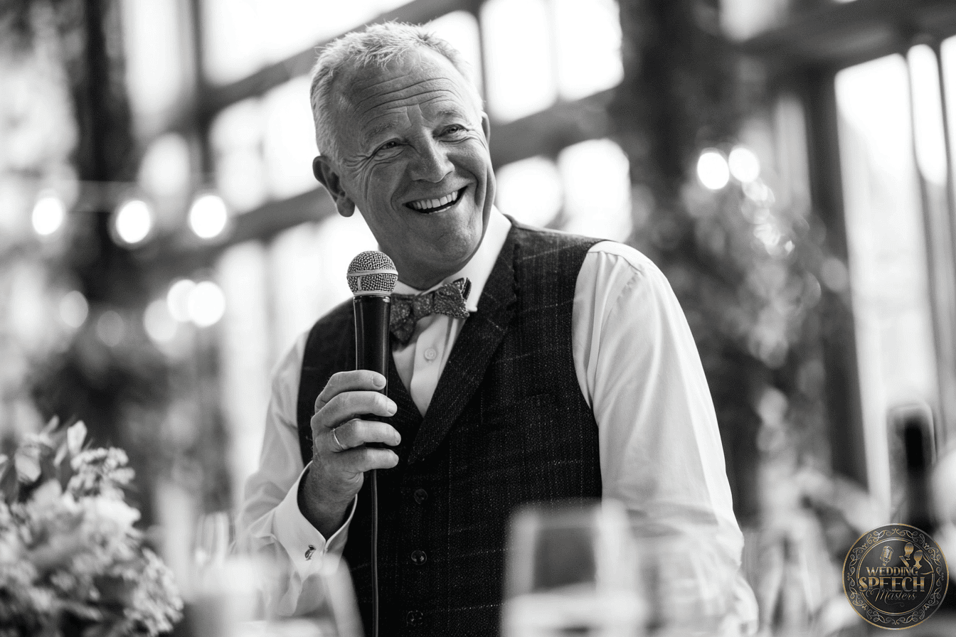 An older man in a vest and bow tie smiles while holding a microphone, standing indoors with blurred lights and foliage in the background.