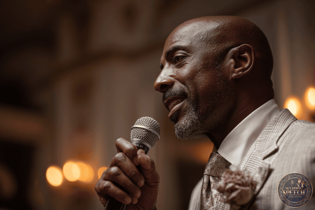 At an indoor event with warm lighting and a blurred background, a man in a suit speaks into a microphone, sharing tips on how to prepare a Father of the Bride speech.
