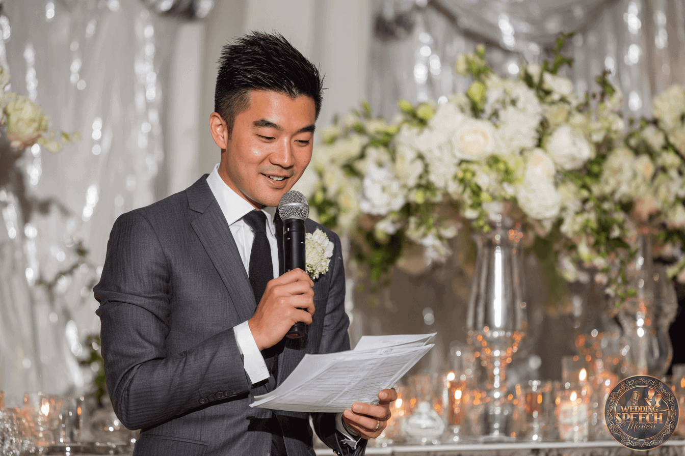 A man in a suit speaks into a microphone while holding papers, standing in front of a decorated table with white flowers and candles.