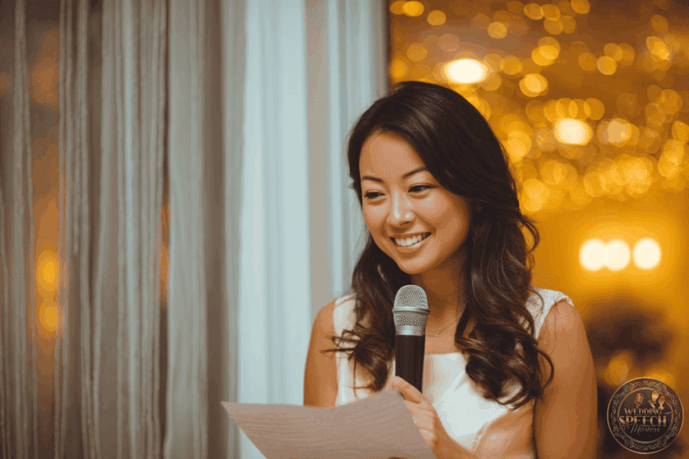 A woman in a white dress holds a microphone and a sheet of paper, smiling as she speaks indoors with warm, blurred lights in the background.