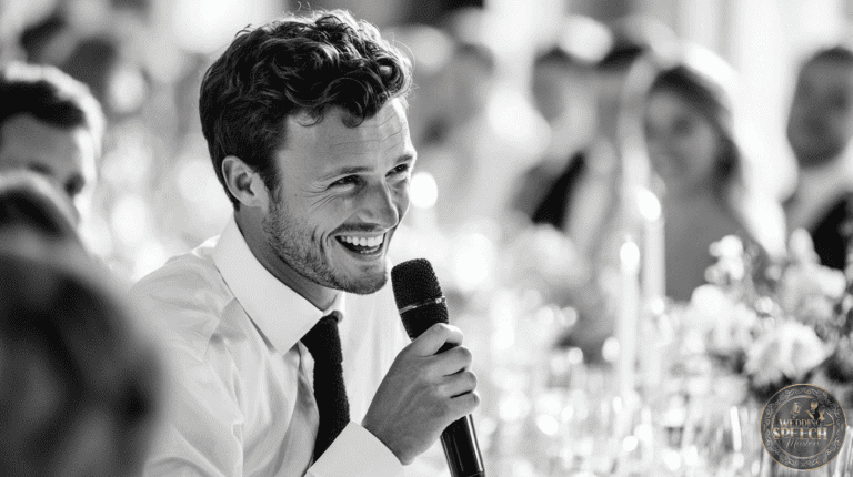 A man in a dress shirt and tie smiles while speaking into a microphone at a formal event, seated at a table with glasses and floral arrangements.