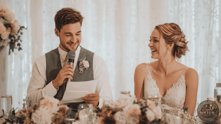 A man in a vest reads from a paper into a microphone while a woman in a white dress smiles beside him at a decorated table, likely at a wedding reception.