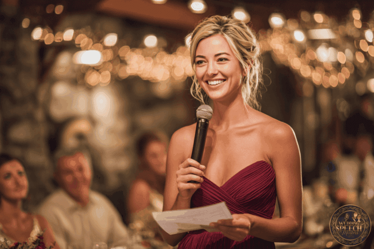 A woman in a burgundy dress smiles while giving a speech with a microphone at an indoor event with string lights and seated guests in the background.