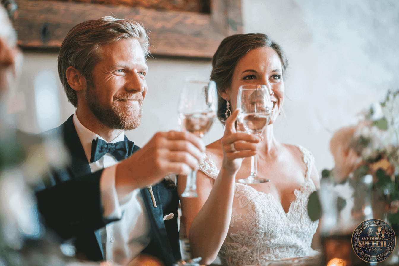 A bride and groom in formal attire raise glasses in a toast at a wedding reception, smiling and seated at a decorated table.