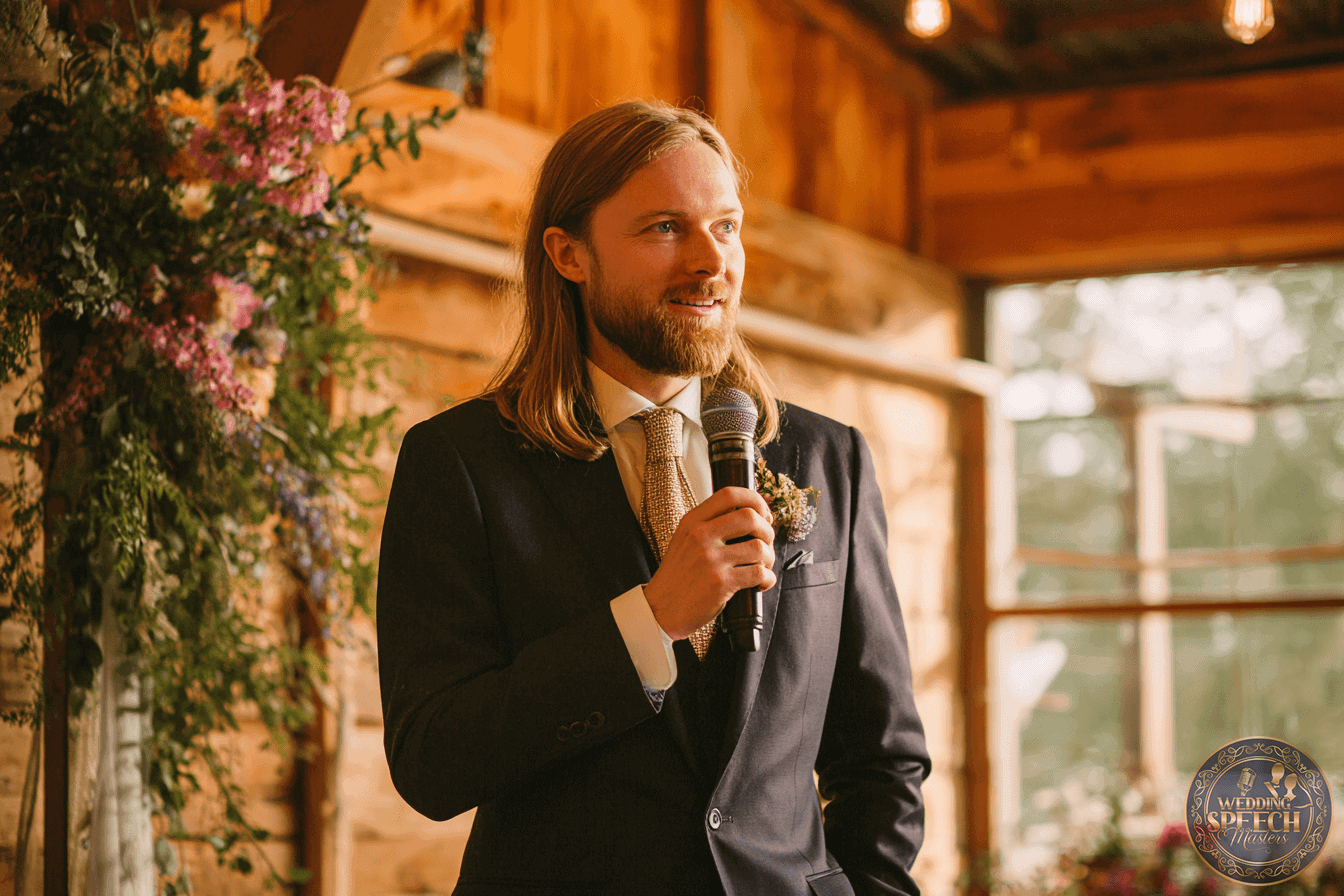 A man with long hair and a beard, dressed in a suit and tie, holds a microphone and stands indoors near floral arrangements.