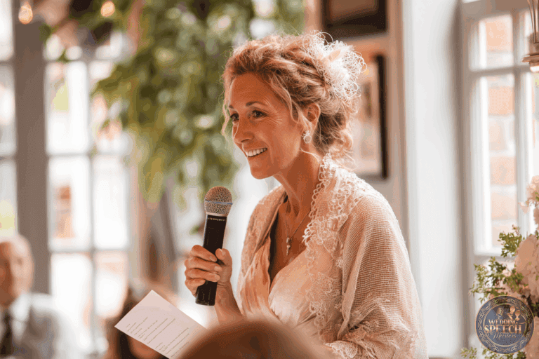 A woman in a lace shawl holds a microphone and a sheet of paper, smiling while speaking at an indoor event with natural light.