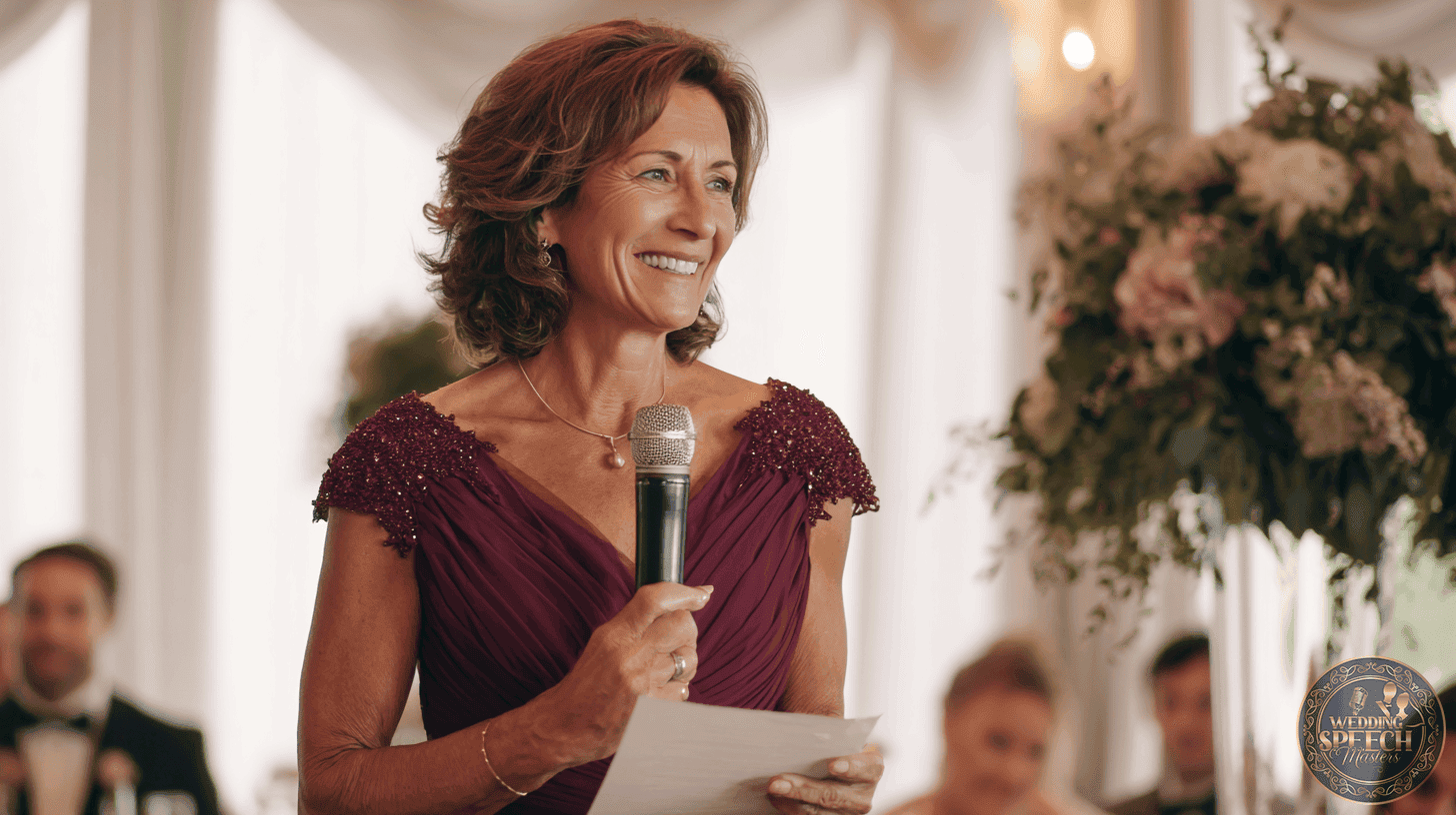 A woman in a dress holding a microphone, ready to share heartfelt words from the Mother of the Bride Wedding Speech Guide.