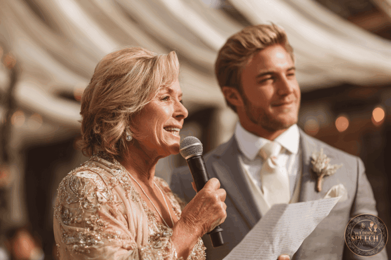 An older woman holding a microphone and a piece of paper stands next to a younger man in a suit at an outdoor event with draped fabric in the background.