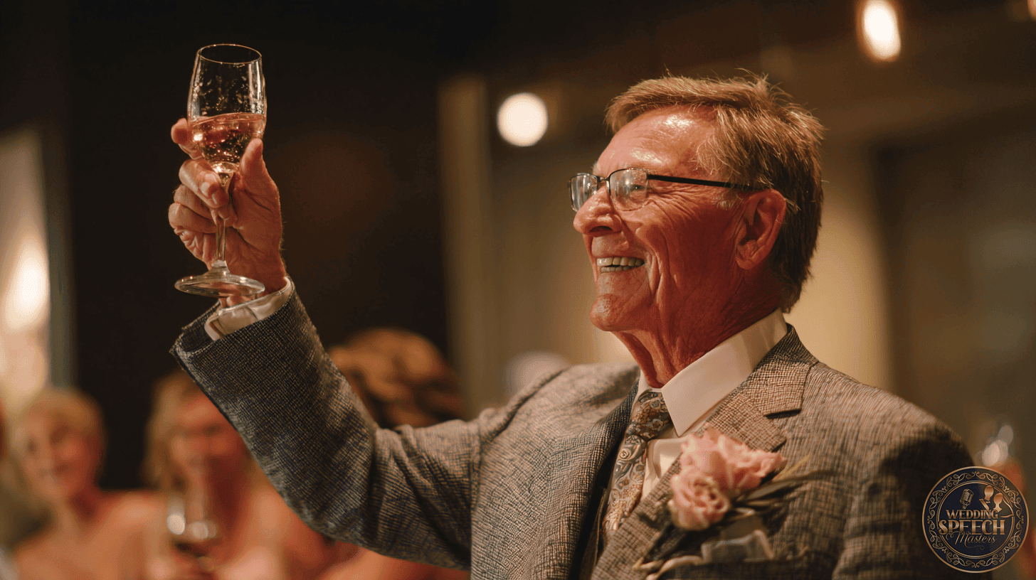 An older man in a suit raises a glass in a heartfelt parental toast at a formal event, smiling, with blurred guests in the background.