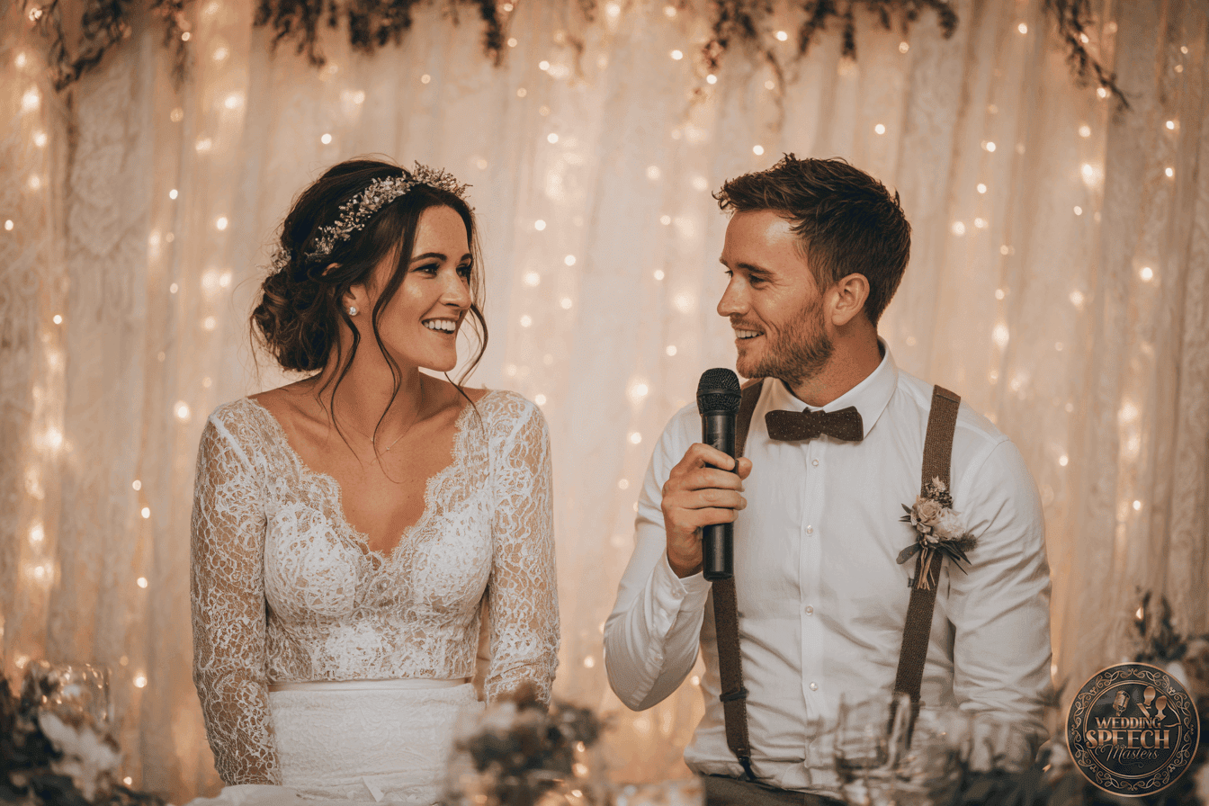 A bride in a lace dress and a groom in a white shirt with suspenders sit together; the groom holds a microphone as they smile at each other against a backdrop of string lights and lace.
