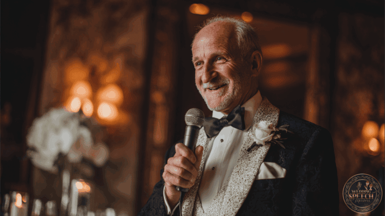 An older man in a tuxedo with a white boutonniere holds a microphone and smiles, standing indoors with softly lit decor in the background—an ideal moment while preparing your Father of the Groom speech.