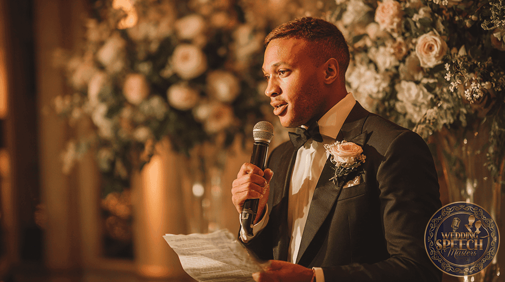 A man in a tuxedo with a boutonniere holds a microphone and a sheet of paper, speaking at an event with floral arrangements in the background.