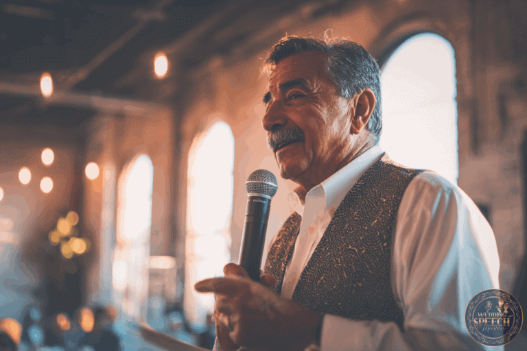 An older man with a mustache speaks into a microphone indoors, wearing a patterned vest and white shirt, with arched windows and warm lighting in the background.