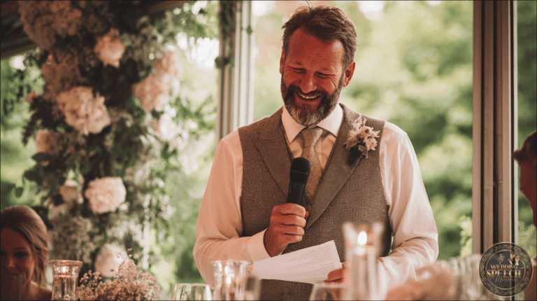 A man in a suit and tie stands indoors, holding a microphone and a sheet of paper, smiling, with floral decorations and lit candles on the table in front of him.