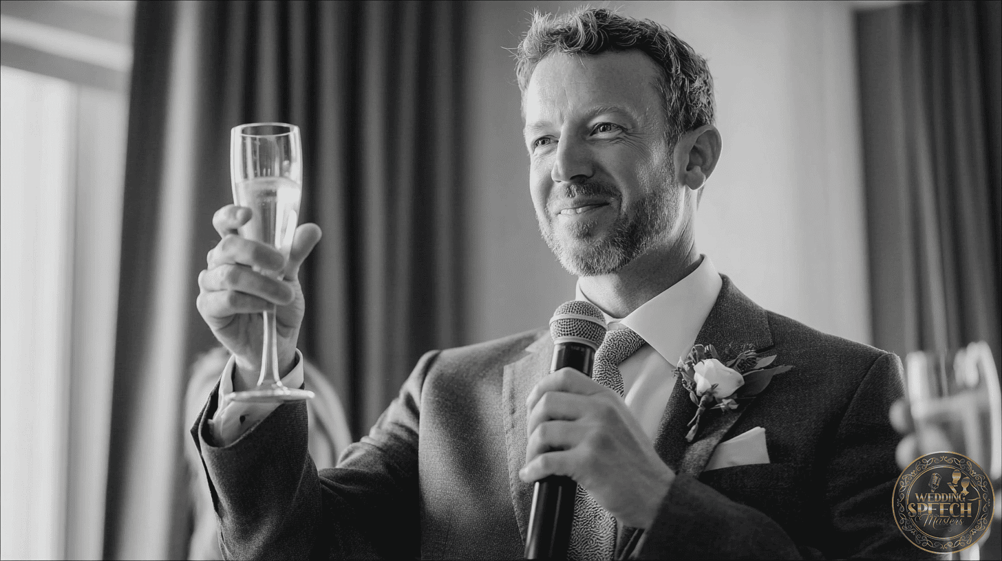 A man in a suit, holding a microphone and raising his glass in a Short and Sweet Toasts moment, smiles warmly with a flower boutonniere on his lapel.