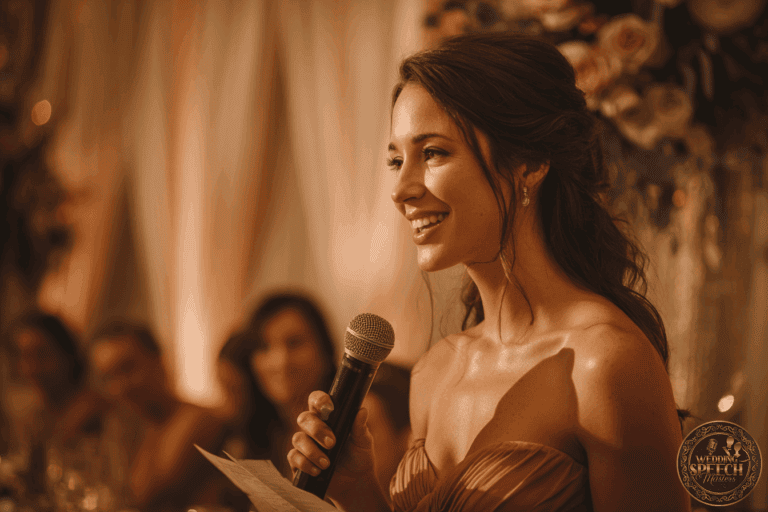 A woman in a strapless dress smiles while holding a microphone and a piece of paper, standing in front of a softly lit, elegant backdrop with floral arrangements.