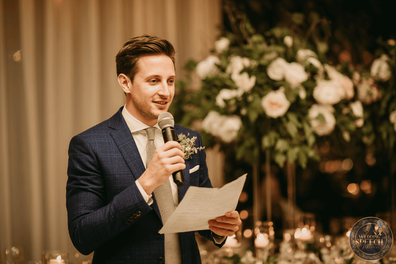 Man in a suit holding a microphone and reading from a piece of paper, standing in front of a floral arrangement at a formal event.