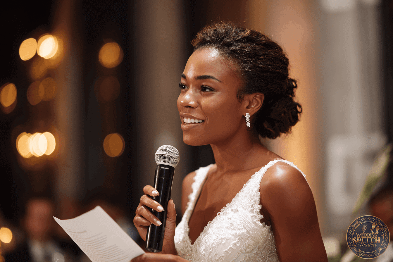 A woman in a white wedding dress holds a microphone and a sheet of paper, speaking at an indoor event with warm lighting.