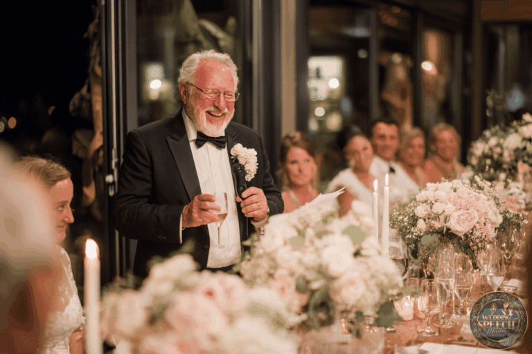 An older man in a tuxedo gives a speech while smiling at a formal dinner table decorated with flowers and candles, surrounded by seated guests.