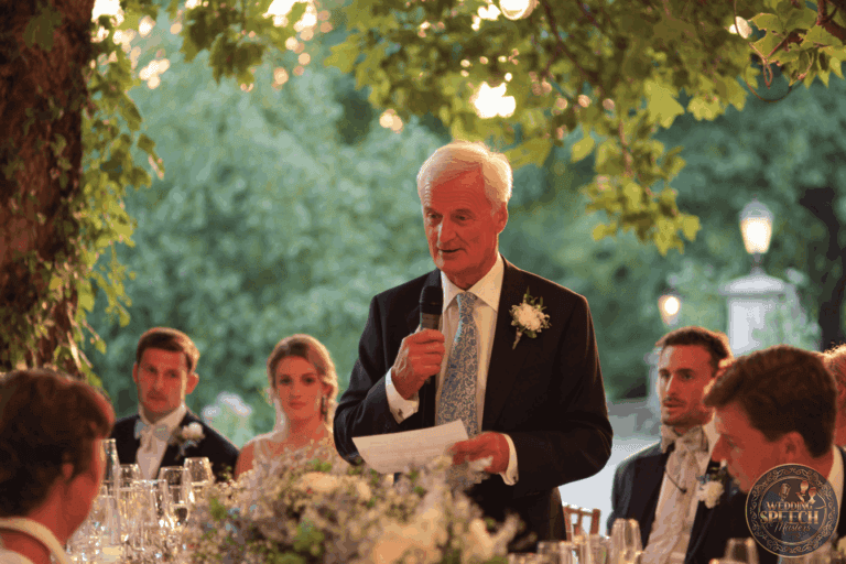 An older man in a suit gives a speech with a microphone at an outdoor event, surrounded by seated guests and greenery, with floral arrangements on the table.