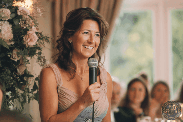 A woman in a formal dress holds a microphone and smiles while speaking at an indoor event with guests seated in the background.
