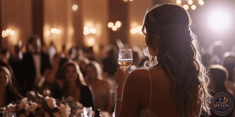 A woman in a formal dress holds a glass of wine and faces a seated audience in a warmly lit event hall.
