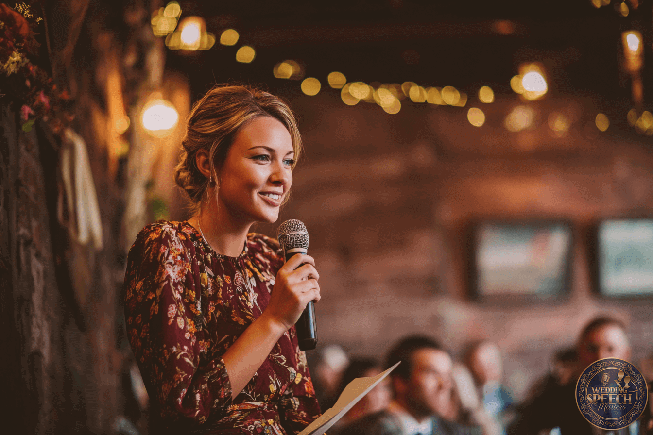 A woman in a floral dress holds a microphone and a piece of paper, speaking to an audience in a warmly lit, rustic indoor setting.