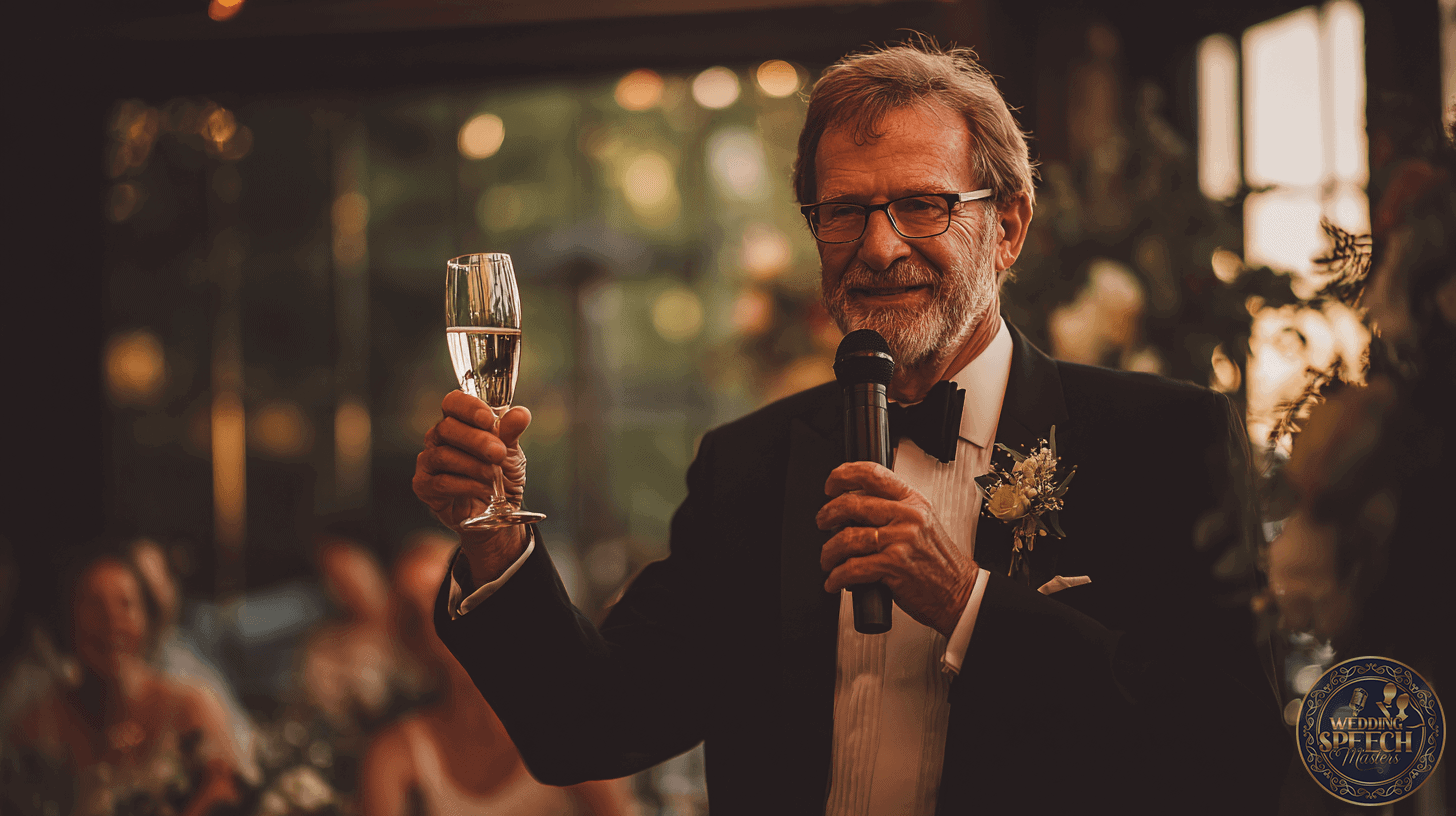 An older man in a tuxedo holds a microphone and raises a glass for a toast at an indoor event, offering inspiration for memorable speeches and Toasts Guides, with guests and floral decorations in the background.