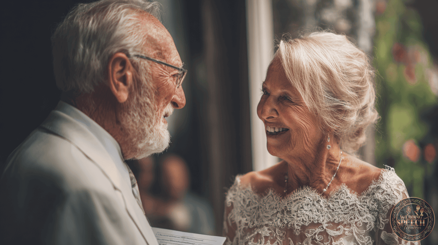 An elderly couple dressed in formal attire smile at each other indoors, celebrating their vow renewals-the woman wearing a lace dress and the man holding a piece of paper.