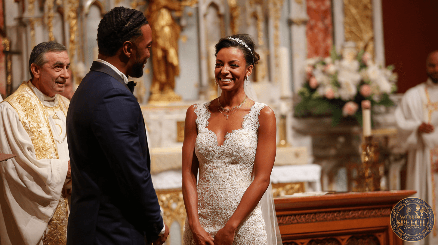 A bride and groom stand at the altar, smiling at each other during their wedding ceremony in a beautifully decorated church with clergy present, inspired by heartfelt vow writing tips.