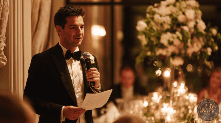 A man in a tuxedo holds a microphone and a sheet of paper, speaking at a formal event with candlelit tables and floral arrangements in the background.