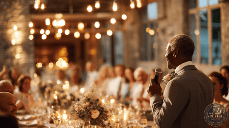An older man in a suit holds a microphone and speaks to guests seated at decorated tables during a formal event in a warmly lit venue.