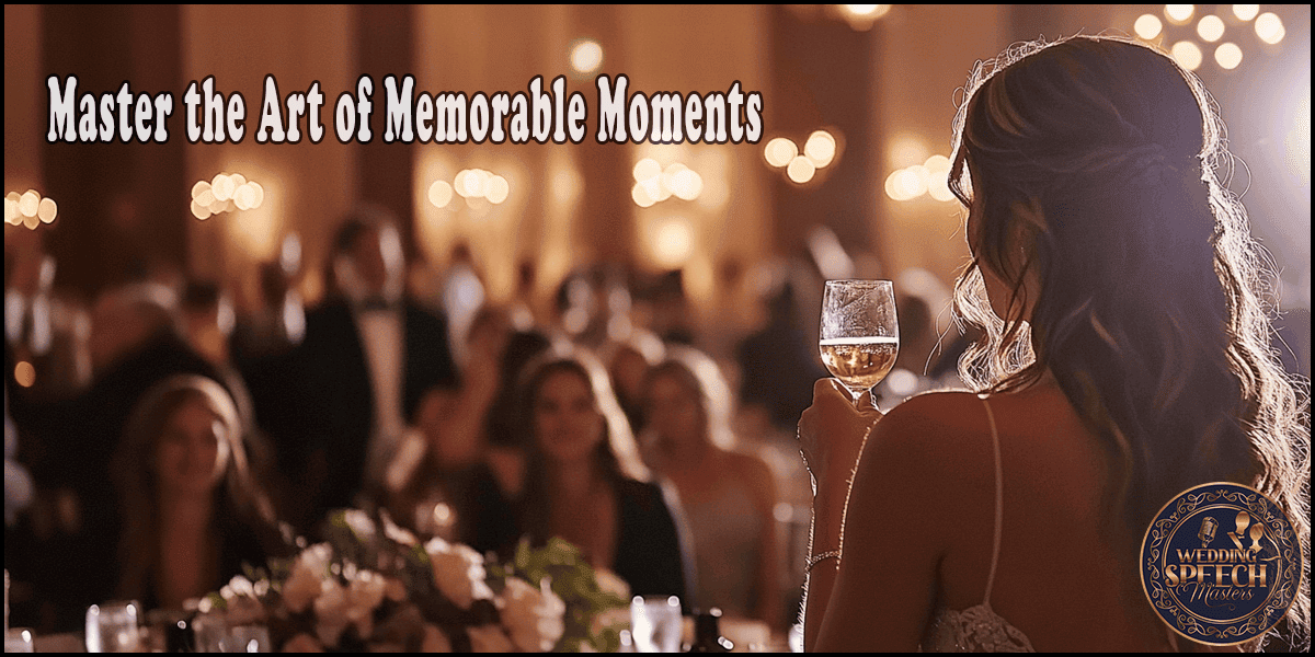 A woman holding a wine glass addresses a seated audience in an elegantly decorated venue. Text reads, "Master the Art of Memorable Moments.