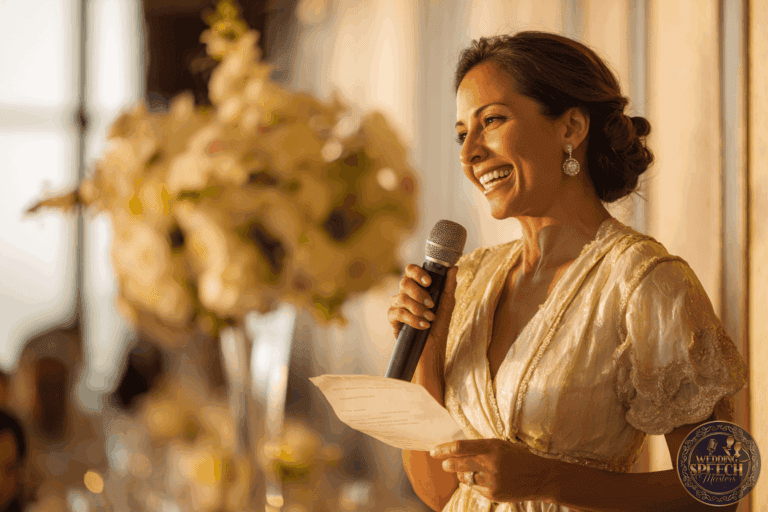 A woman in a formal dress smiles and speaks into a microphone while holding a piece of paper, with a floral arrangement in the background.