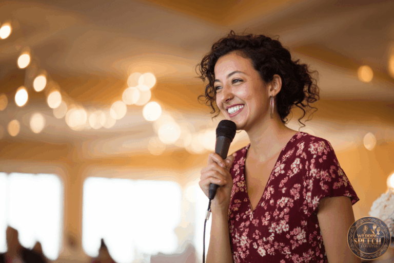 A woman in a red floral dress holds a microphone and smiles while speaking indoors, with string lights in the background.